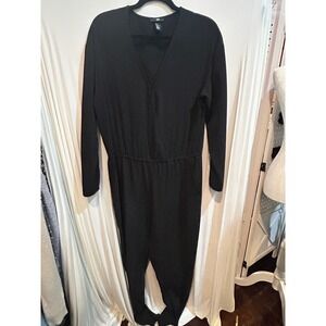 H&M Black Jumpsuit Size 10 Long Sleeve V Neck Casual Workwear‎ Elegant
